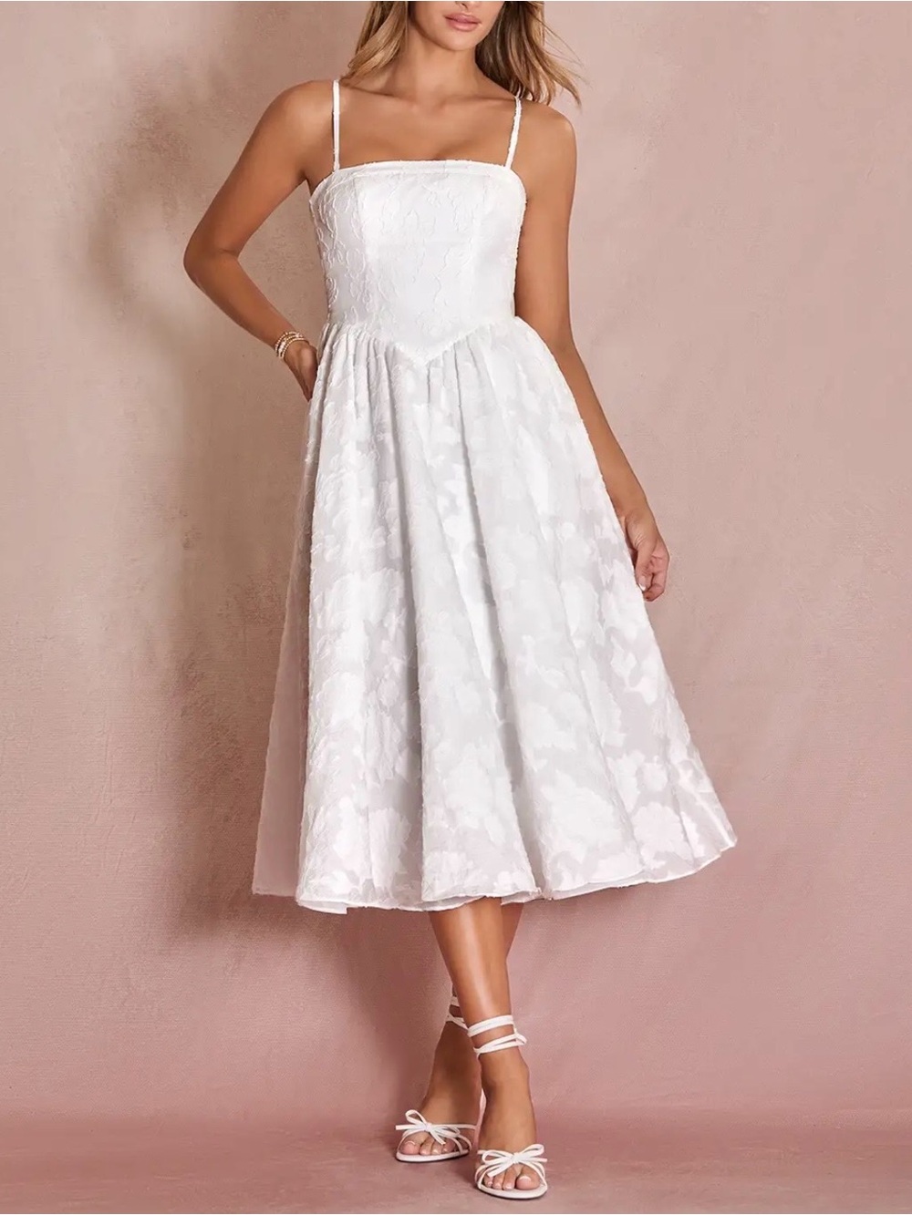 Azazie White Floral Jacquard Midi Dress with Spaghetti Straps